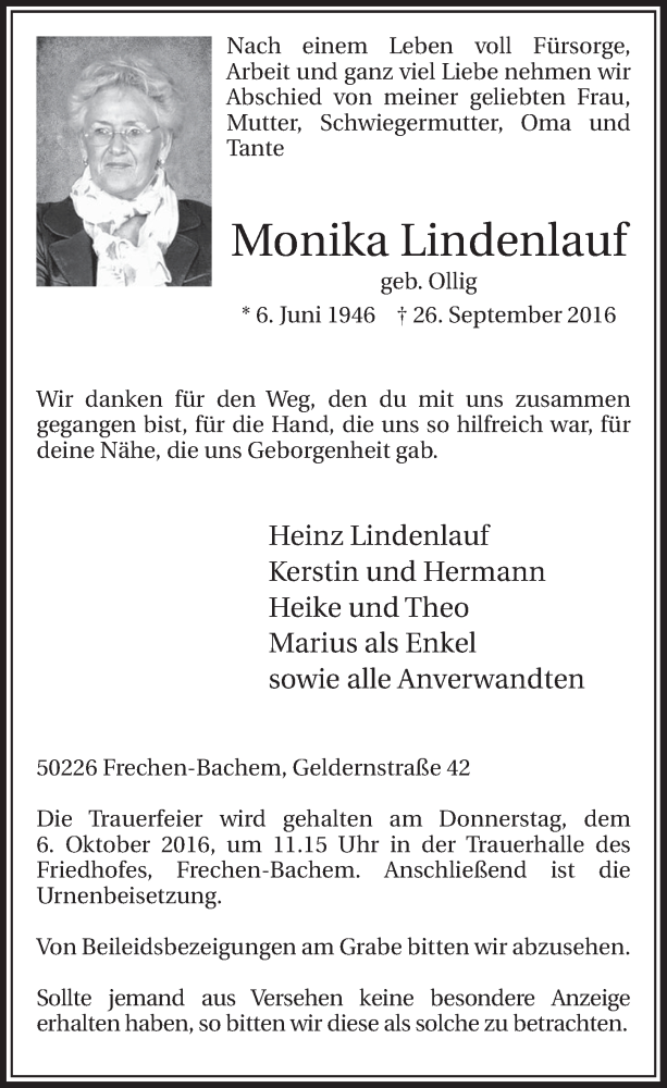  Traueranzeige für Monika Lindenlauf vom 01.10.2016 aus  Sonntags-Post 