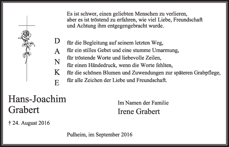  Traueranzeige für Hans-Joachim Grabert vom 10.09.2016 aus  Sonntags-Post 