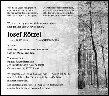 Anzeige von Josef Rötzel von Kölner Stadt-Anzeiger / Kölnische Rundschau / Express