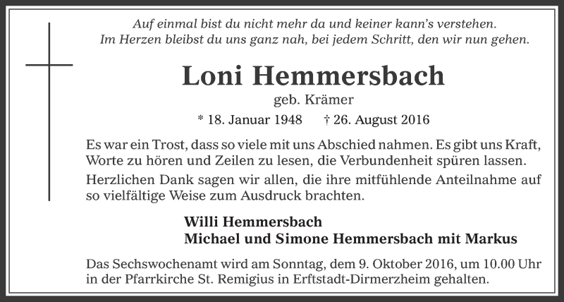  Traueranzeige für Loni Hemmersbach vom 28.09.2016 aus  Werbepost 