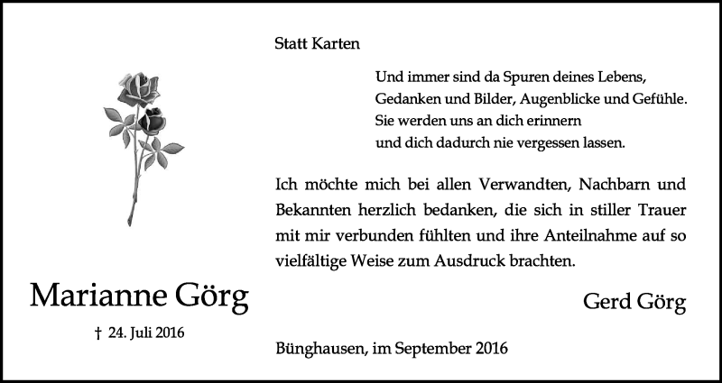  Traueranzeige für Marianne  Görg vom 10.09.2016 aus Kölner Stadt-Anzeiger / Kölnische Rundschau / Express