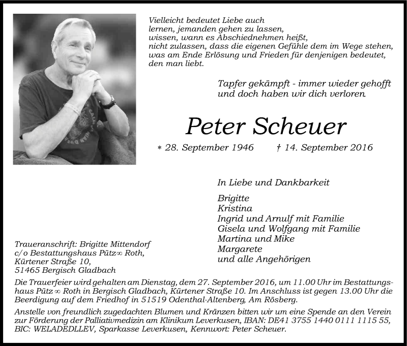  Traueranzeige für Peter Scheuer vom 20.09.2016 aus Kölner Stadt-Anzeiger / Kölnische Rundschau / Express