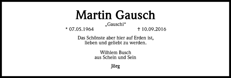  Traueranzeige für Martin Gausch vom 01.10.2016 aus Kölner Stadt-Anzeiger / Kölnische Rundschau / Express