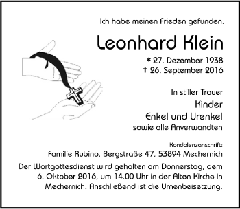 Anzeige von Leonhard Klein von  Blickpunkt Euskirchen 