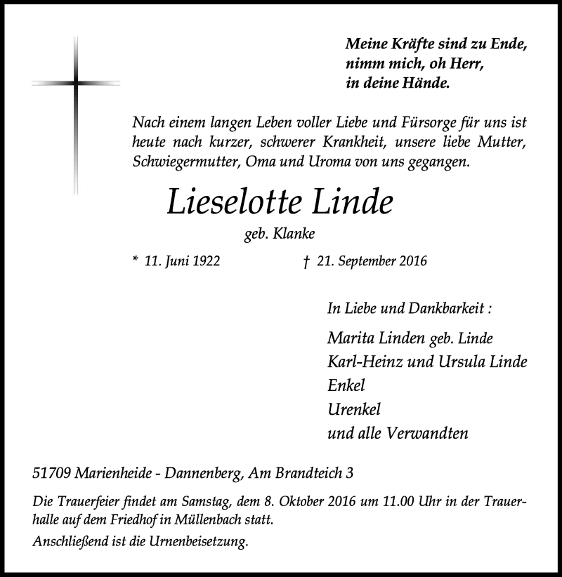  Traueranzeige für Lieselotte Linde vom 28.09.2016 aus Kölner Stadt-Anzeiger / Kölnische Rundschau / Express
