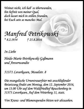 Anzeige von Wlanfred Petrikowski von Kölner Stadt-Anzeiger / Kölnische Rundschau / Express