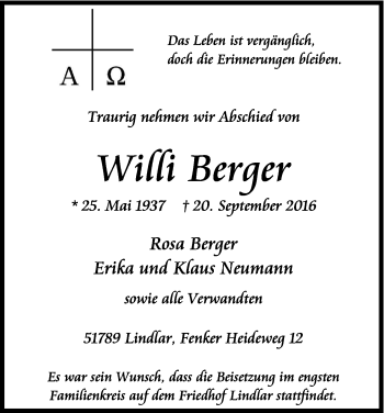Anzeige von Willi Berger von Kölner Stadt-Anzeiger / Kölnische Rundschau / Express