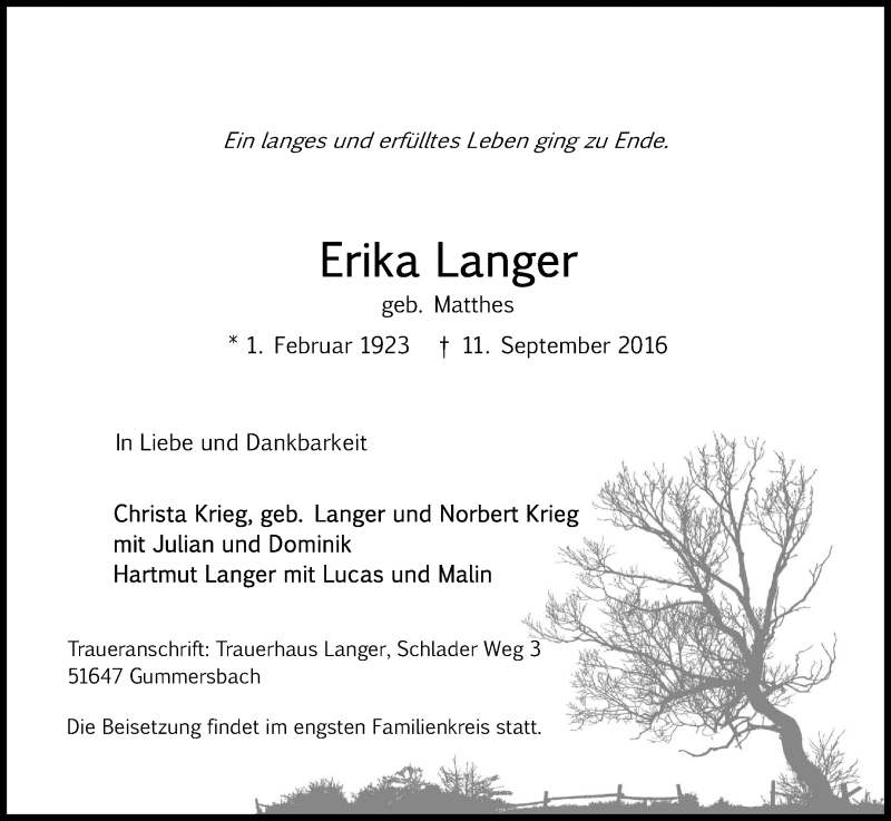  Traueranzeige für Erika Langer vom 17.09.2016 aus Kölner Stadt-Anzeiger / Kölnische Rundschau / Express
