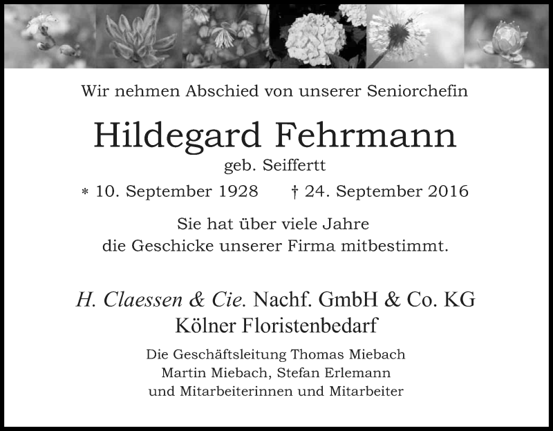  Traueranzeige für Hildegard Fehrmann vom 01.10.2016 aus Kölner Stadt-Anzeiger / Kölnische Rundschau / Express