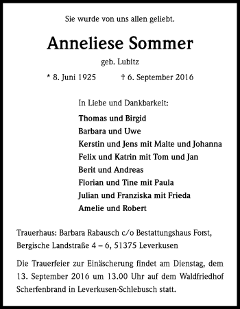 Anzeige von Anneliese Sommer von Kölner Stadt-Anzeiger / Kölnische Rundschau / Express