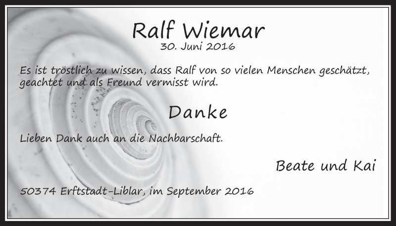  Traueranzeige für Ralf Wiemar vom 07.09.2016 aus  Werbepost 