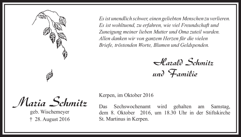  Traueranzeige für Maria Schmitz vom 01.10.2016 aus  Sonntags-Post 