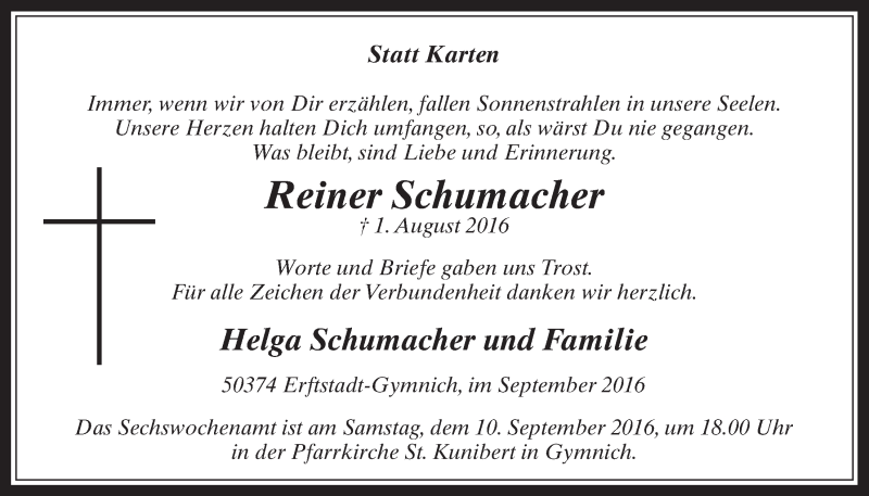  Traueranzeige für Reiner Schumacher vom 07.09.2016 aus  Werbepost 