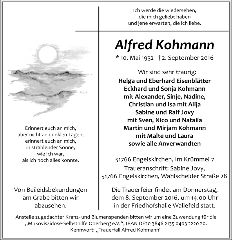  Traueranzeige für Alfred Kohmann vom 07.09.2016 aus  Anzeigen Echo 
