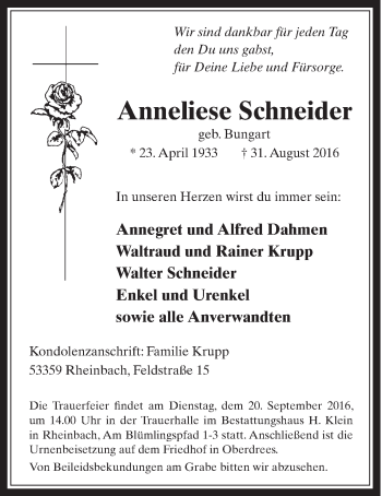 Anzeige von Anneliese Schneider von  Schaufenster/Blickpunkt 