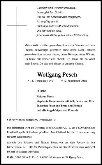Anzeige von Wolfgang Pesch von Kölner Stadt-Anzeiger / Kölnische Rundschau / Express