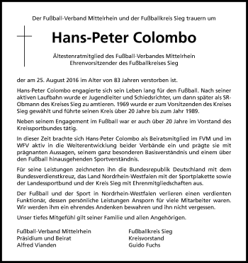 Anzeige von Hans-Peter Colombo von Kölner Stadt-Anzeiger / Kölnische Rundschau / Express
