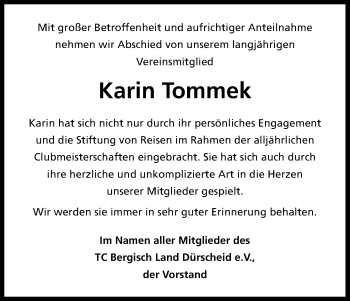 Anzeige von Karin Tommek von Kölner Stadt-Anzeiger / Kölnische Rundschau / Express