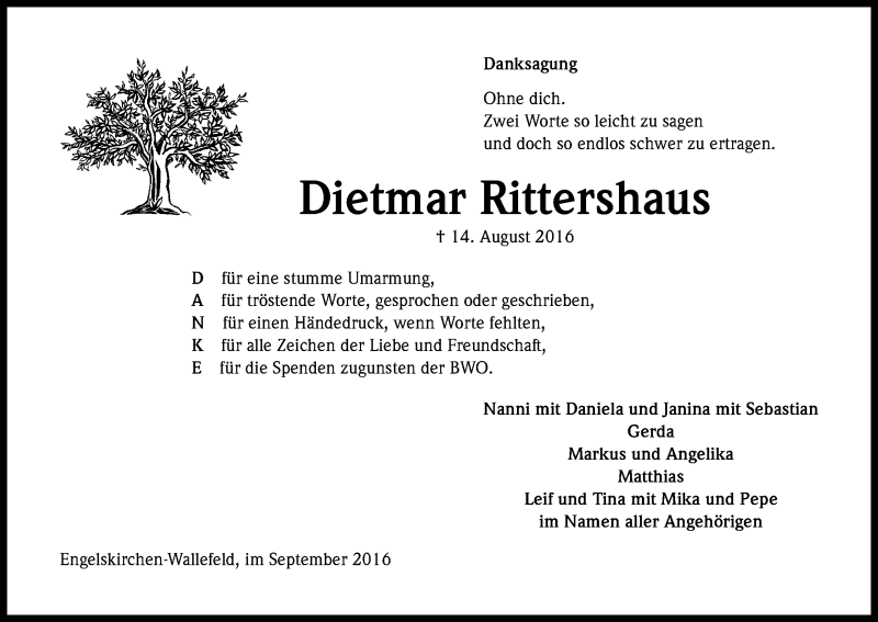  Traueranzeige für Dietmar Rittershaus vom 17.09.2016 aus Kölner Stadt-Anzeiger / Kölnische Rundschau / Express