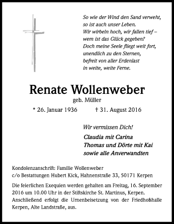Anzeige von Renate Wollenweber von Kölner Stadt-Anzeiger / Kölnische Rundschau / Express