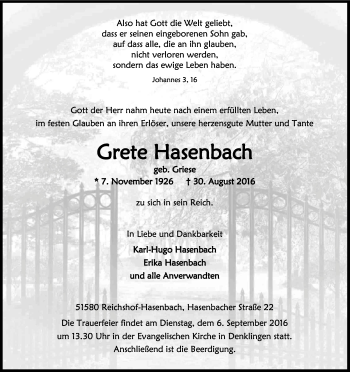 Anzeige von Grete Hasenbach von Kölner Stadt-Anzeiger / Kölnische Rundschau / Express