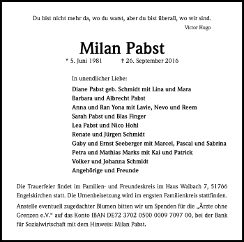 Anzeige von Milan Pabst von Kölner Stadt-Anzeiger / Kölnische Rundschau / Express