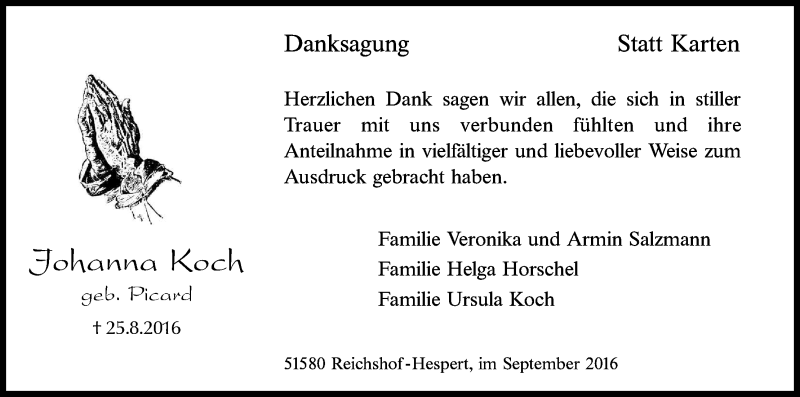  Traueranzeige für Johanna Koch vom 24.09.2016 aus Kölner Stadt-Anzeiger / Kölnische Rundschau / Express