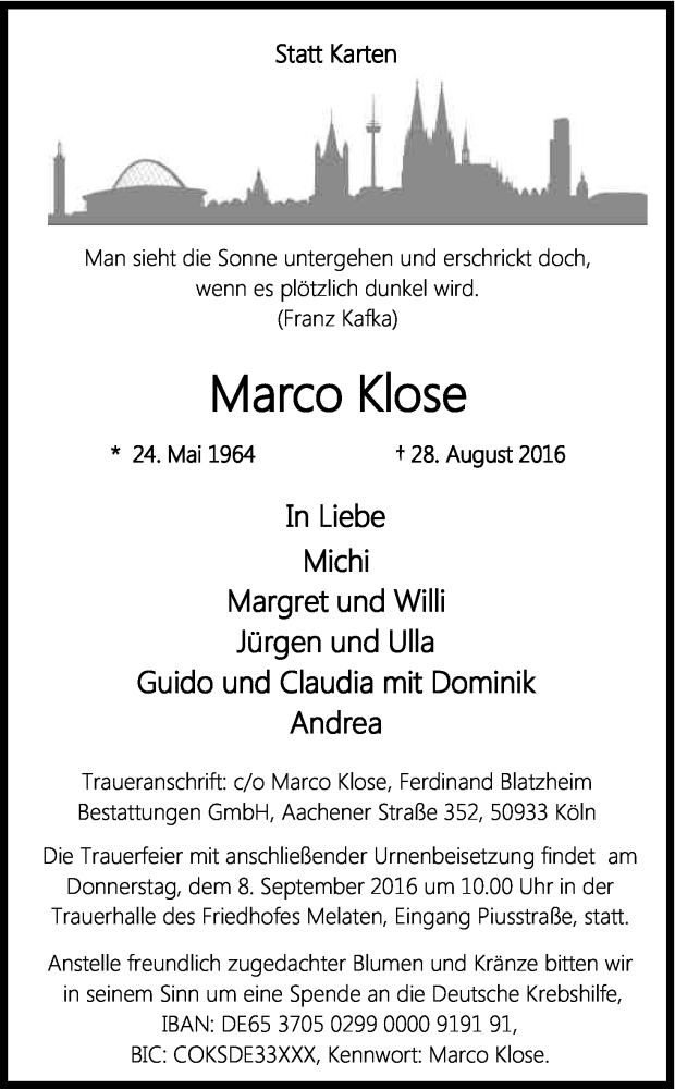  Traueranzeige für Marco Klose vom 03.09.2016 aus Kölner Stadt-Anzeiger / Kölnische Rundschau / Express