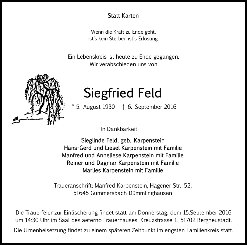  Traueranzeige für Siegfried Feld vom 10.09.2016 aus Kölner Stadt-Anzeiger / Kölnische Rundschau / Express