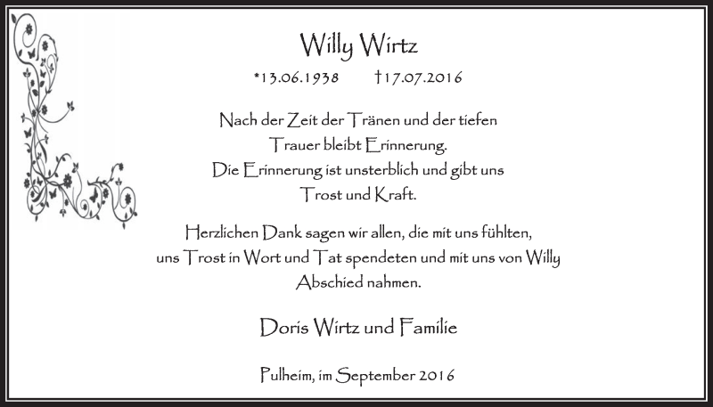  Traueranzeige für Willy Wirtz vom 10.09.2016 aus  Sonntags-Post 