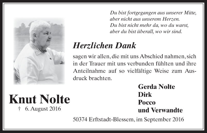  Traueranzeige für Knut Nolte vom 07.09.2016 aus  Werbepost 