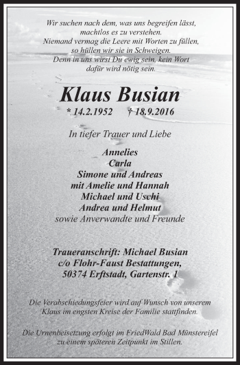 Anzeige von Klaus Busian von  Werbepost 