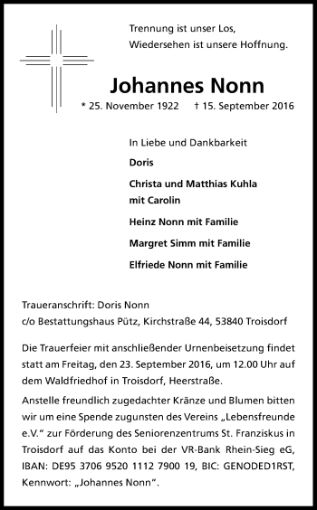 Anzeige von Johannes Nonn von Kölner Stadt-Anzeiger / Kölnische Rundschau / Express