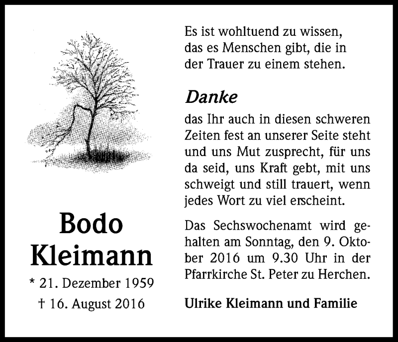  Traueranzeige für Bodo Kleimann vom 28.09.2016 aus Kölner Stadt-Anzeiger / Kölnische Rundschau / Express