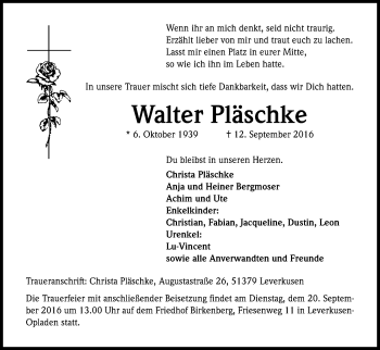 Anzeige von Walter Pläschke von Kölner Stadt-Anzeiger / Kölnische Rundschau / Express
