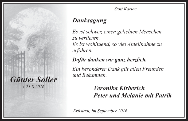  Traueranzeige für Günter Soller vom 28.09.2016 aus  Werbepost 