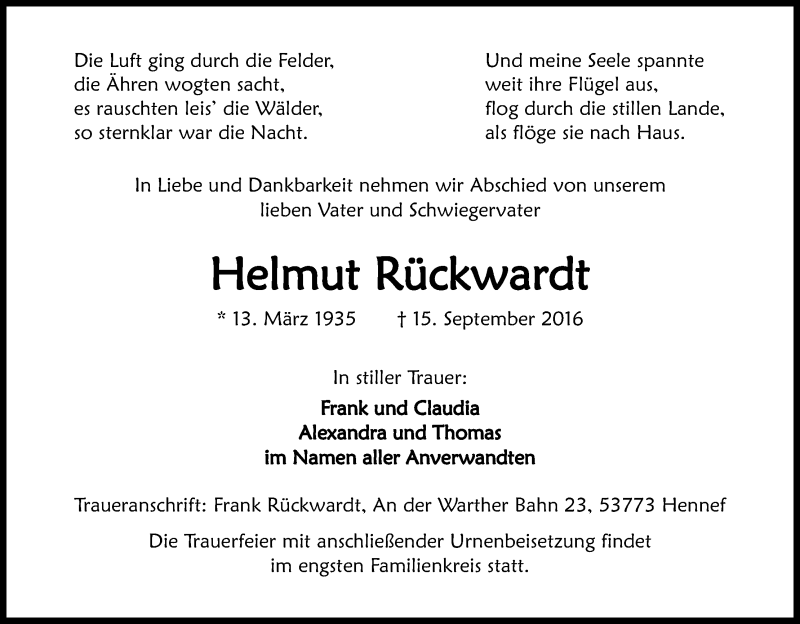  Traueranzeige für Helmut Rückwardt vom 17.09.2016 aus Kölner Stadt-Anzeiger / Kölnische Rundschau / Express