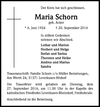 Anzeige von Maria Schorn von Kölner Stadt-Anzeiger / Kölnische Rundschau / Express