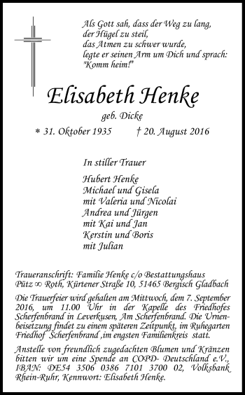 Anzeige von Elisabeth Henke von Kölner Stadt-Anzeiger / Kölnische Rundschau / Express