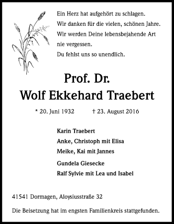 Anzeige von Wolf Ekkehard Traebert von Kölner Stadt-Anzeiger / Kölnische Rundschau / Express