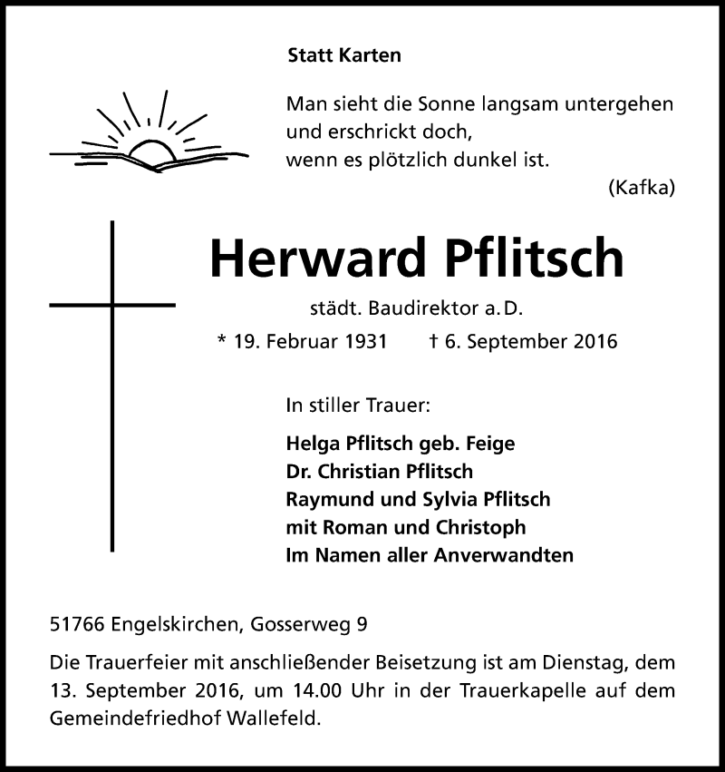  Traueranzeige für Herward Pflitsch vom 08.09.2016 aus Kölner Stadt-Anzeiger / Kölnische Rundschau / Express