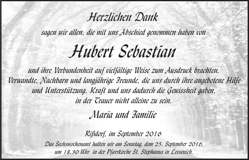  Traueranzeige für Hubert Sebastian vom 17.09.2016 aus  Blickpunkt Euskirchen 