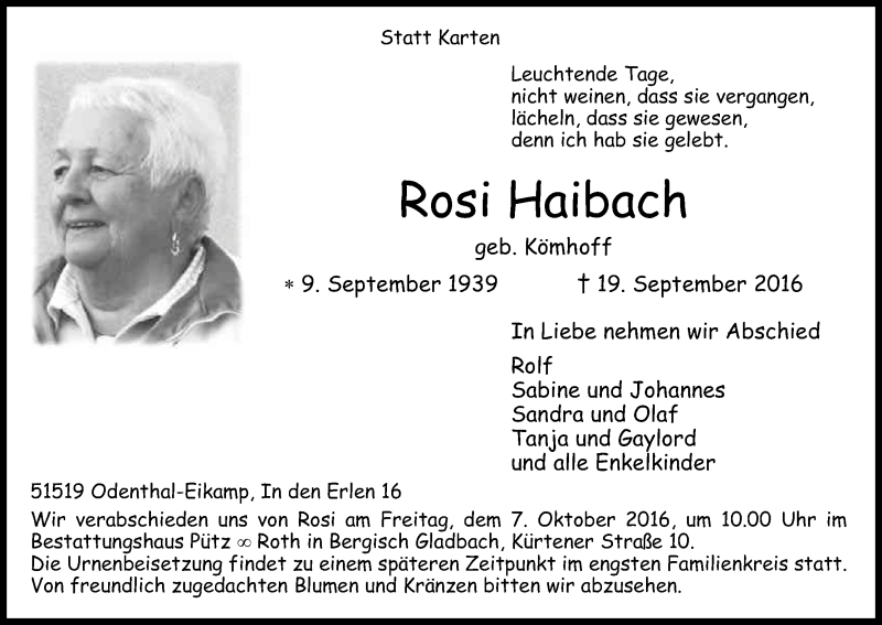  Traueranzeige für Rosi Haibach vom 24.09.2016 aus Kölner Stadt-Anzeiger / Kölnische Rundschau / Express