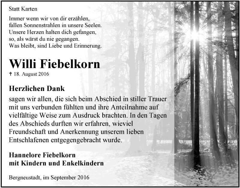  Traueranzeige für Willi Fiebelkorn vom 28.09.2016 aus  Anzeigen Echo 