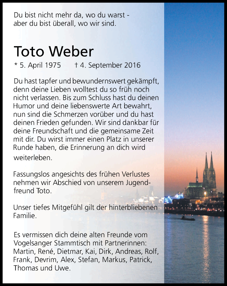  Traueranzeige für Toto Weber vom 10.09.2016 aus Kölner Stadt-Anzeiger / Kölnische Rundschau / Express