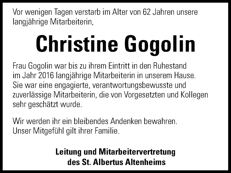 Traueranzeigen von Christine Gogolin WirTrauern