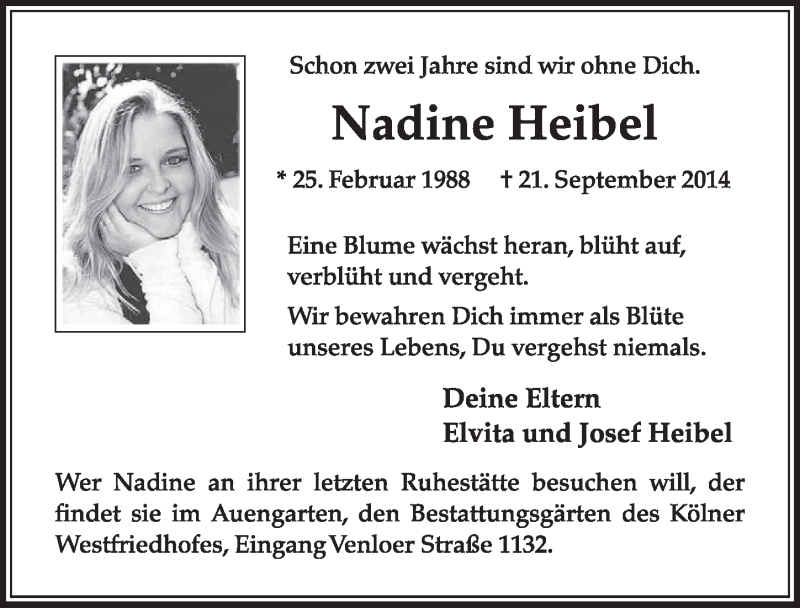  Traueranzeige für Nadine Heibel vom 24.09.2016 aus  Sonntags-Post 
