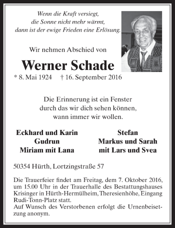 Anzeige von Werner Schade von  Wochenende 