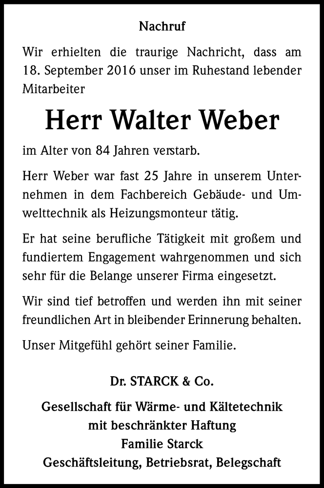  Traueranzeige für Walter Weber vom 01.10.2016 aus Kölner Stadt-Anzeiger / Kölnische Rundschau / Express