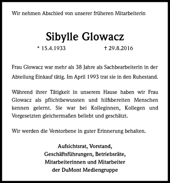 Anzeige von Sibylle Glowacz von Kölner Stadt-Anzeiger / Kölnische Rundschau / Express
